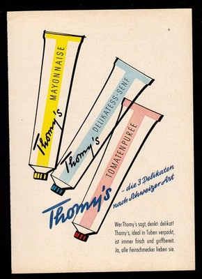 3w7961/old advertisement from 1959-Thomy's - the 3 delicacies Swiss style.
