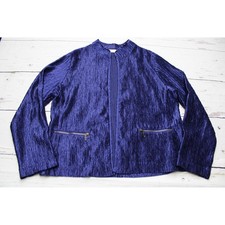 Chico's Royal Blue Crinkle Pleated Open Front Jacket Size 2 Large Zip Pockets