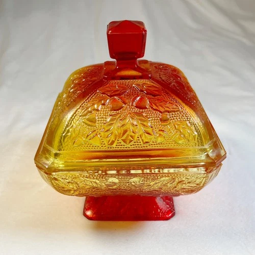 Vintage Amberina Red Gold Glass Acorn Candy Dish With Lid Covered Jeanette Glass