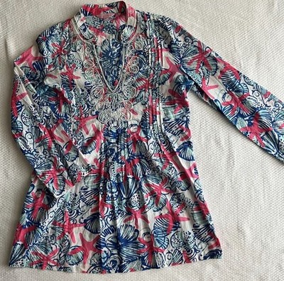 LILLY PULITZER-Sarasota V Split Neck Beaded She Shells Tunic Top XS Women NWOT