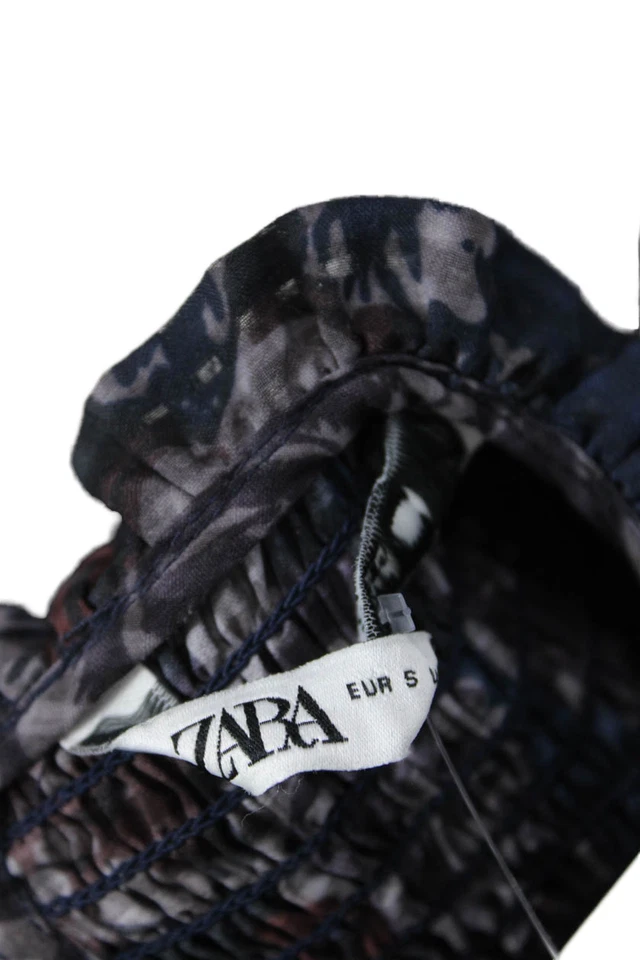 Zara Womens Gingham Floral Print Peasant Sleeve Smocked Mini Dress Blue Size S - Image 4 of 4