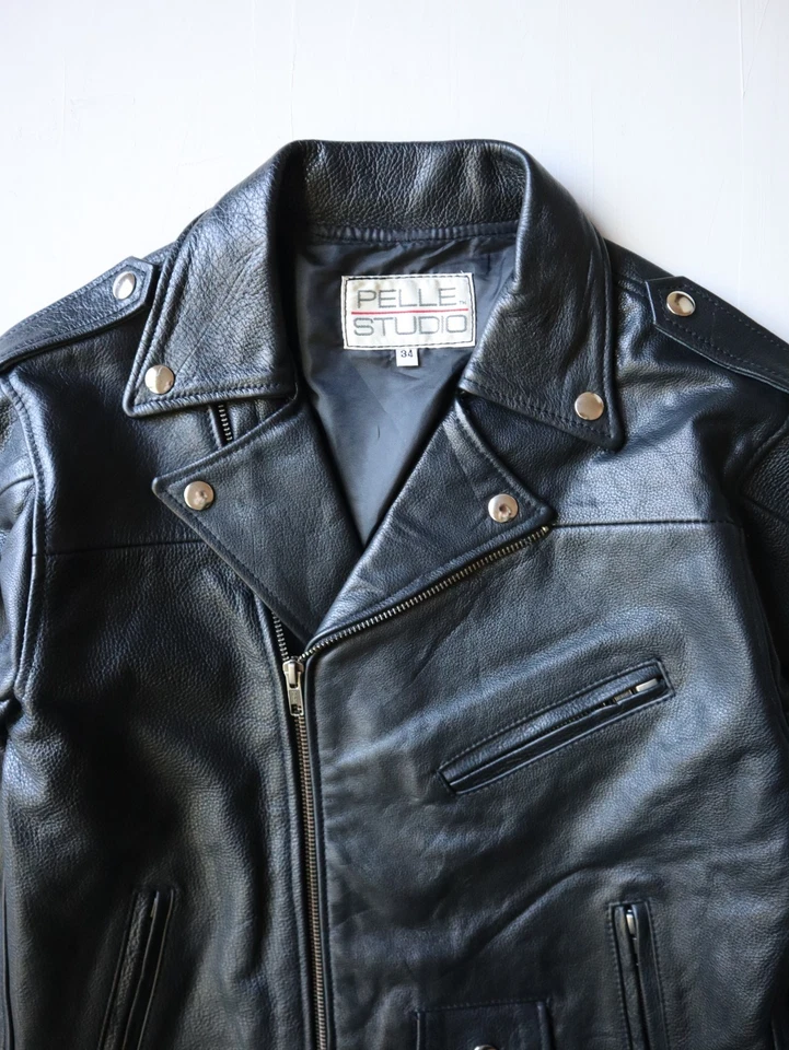 Vintage Pelle Studio Biker Leather Motorcycle Jacket Black Size XS Belted - Image 2 of 4