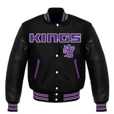 Sacramento Kings Black Body Black Leather Sleeves Varsity Jacket Men Size L