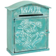 10” x 12.5” Farmhouse Mail Embossed Metal Wall Mount Mailbox, Distressed Teal