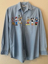 Vintage Disney Catalog Denim Shirt S Mickey Minnie Goofy Pluto Embroidered