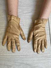 VTG 80s 90s Leather Tan Khaki Lace Up Stitched Trim Gloves Flaws Sz 7.5 READ