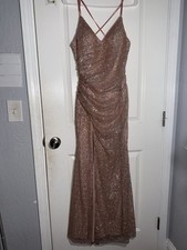 Let’s Rose Gold Sequin Strappy Ruched Long Maxi Gown V-Neck Dress Size S