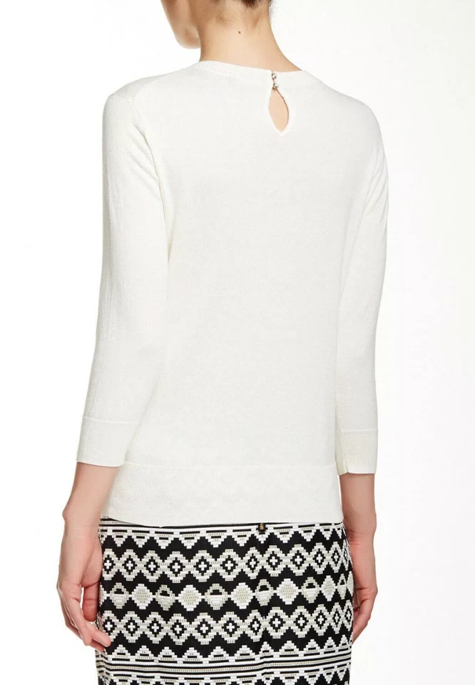 TED BAKER sz S Blithe 3/4 Sleeve Ivory Knit Embellished Neckline Sweater - Image 3 of 4