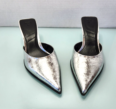 つる Zara Silver Pointed Toe Cinderella Mules Heels Womens Size