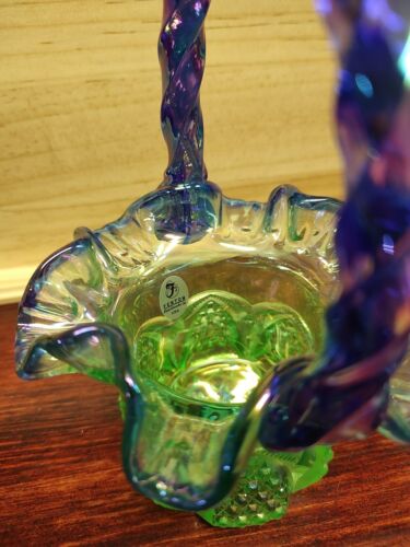 Fenton Button & Arch Iridescent Green Basket w/Cobalt Blue Carnival Handle & Rim - Picture 2 of 6