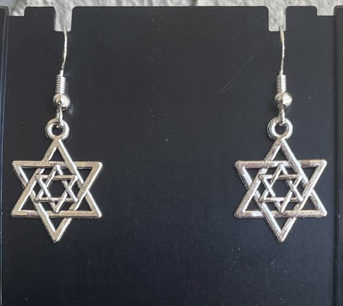 Jewish Star of David Charm Dangle Earrings .925 Sterling Silver Ear Hooks - Picture 4 of 4