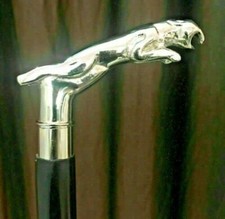 Vintage Victorian Wooden Walking Stick Brass Jaguar Head Handle Cane Gift