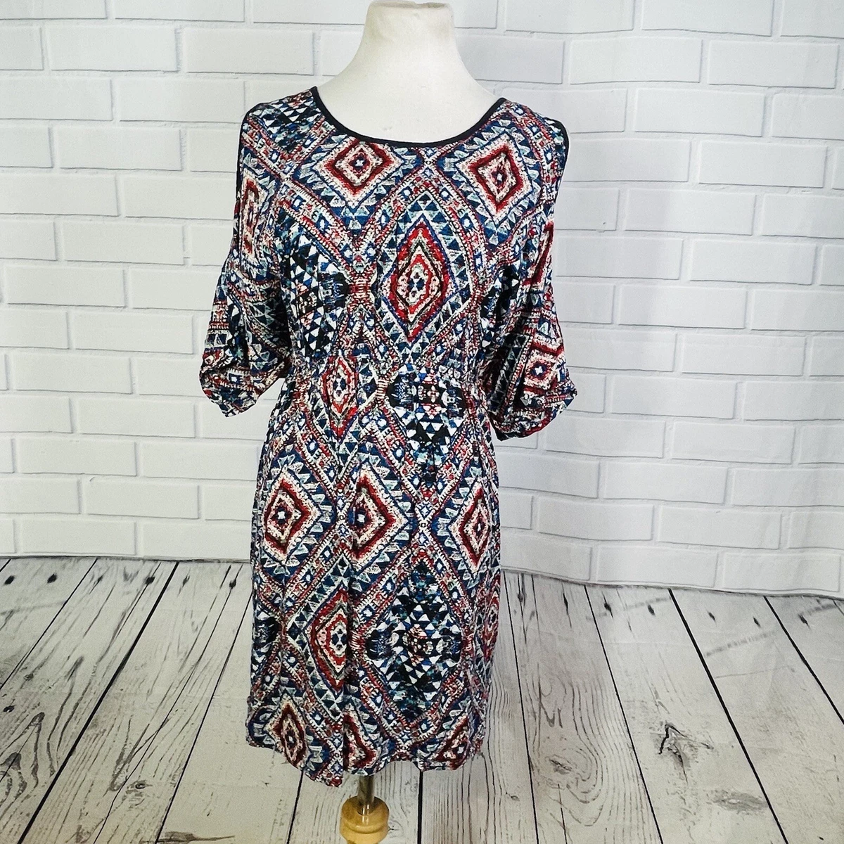 Umgee Blue Red Boho Print Cold Shoulder Midi Dress Size 2XL eBay