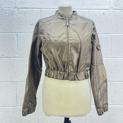 SELECT GOLD METALLIC Y2K JACKET CROPPED FAUX LEATHER BIKER LINED UK 14 - 第 1/6 張圖片