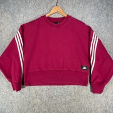 Adidas Sweatshirt Womens Small 8/10 Purple White Oversized Crop Top 3 Stripes