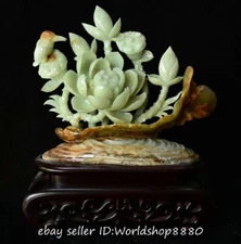 12.8" Natural Chinese Marked Green Xiu Jade Carving Birds Lotus Flower Sculpture