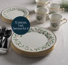 ✅ Lenox Holiday 12 Piece Dinnerware Set Porcelain Mugs Plates Service for 4 ✅
