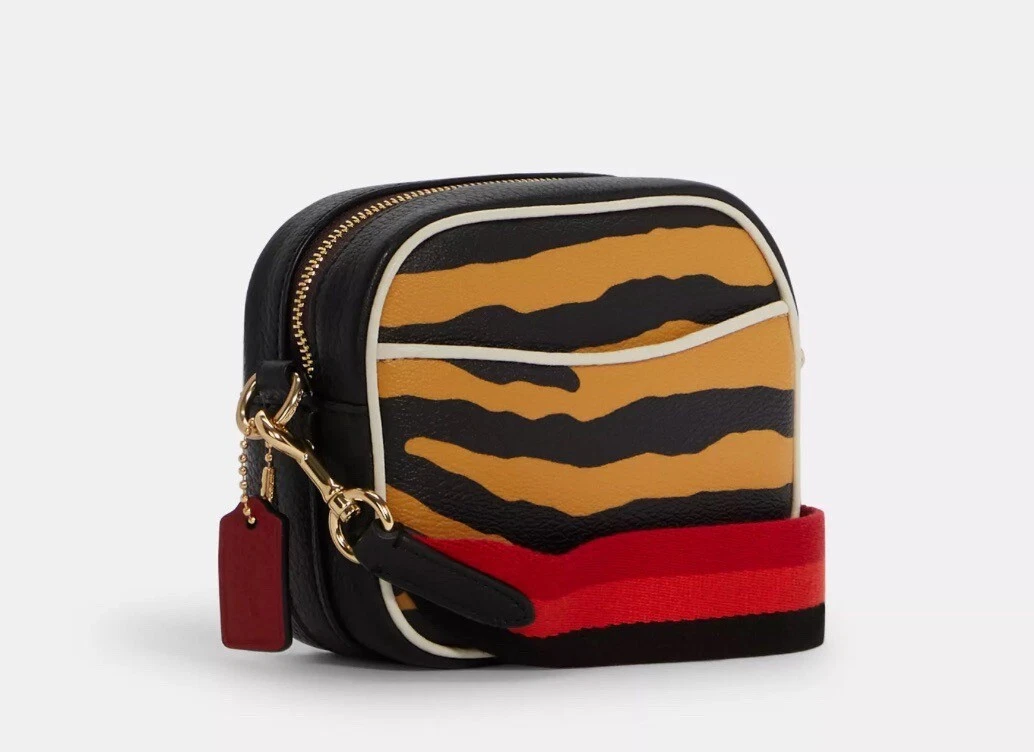 Borsa a mano Coach (C6953) Mini Dempsey Tiger stampa rivestita in tela fotocamera a tracolla nuova