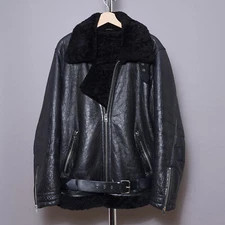 ALL SAINTS Shearling XXL Leather Jacket Mens Black FELIX Sheepskin Aviator 2XL