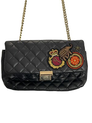 Zara Black Faux Leather Appliqué Quilted Chain Crossbody Bag Purse