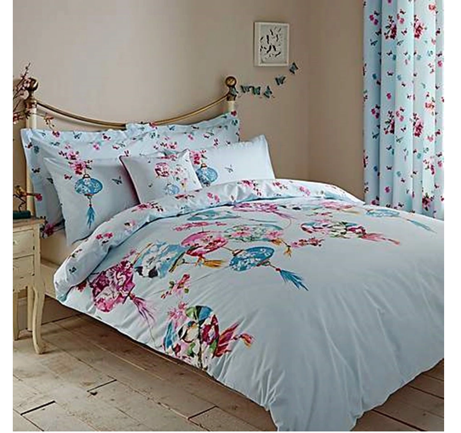 Asian Lanterns Oriental birds Duvet Set Duck egg blue Double Duvet Set
