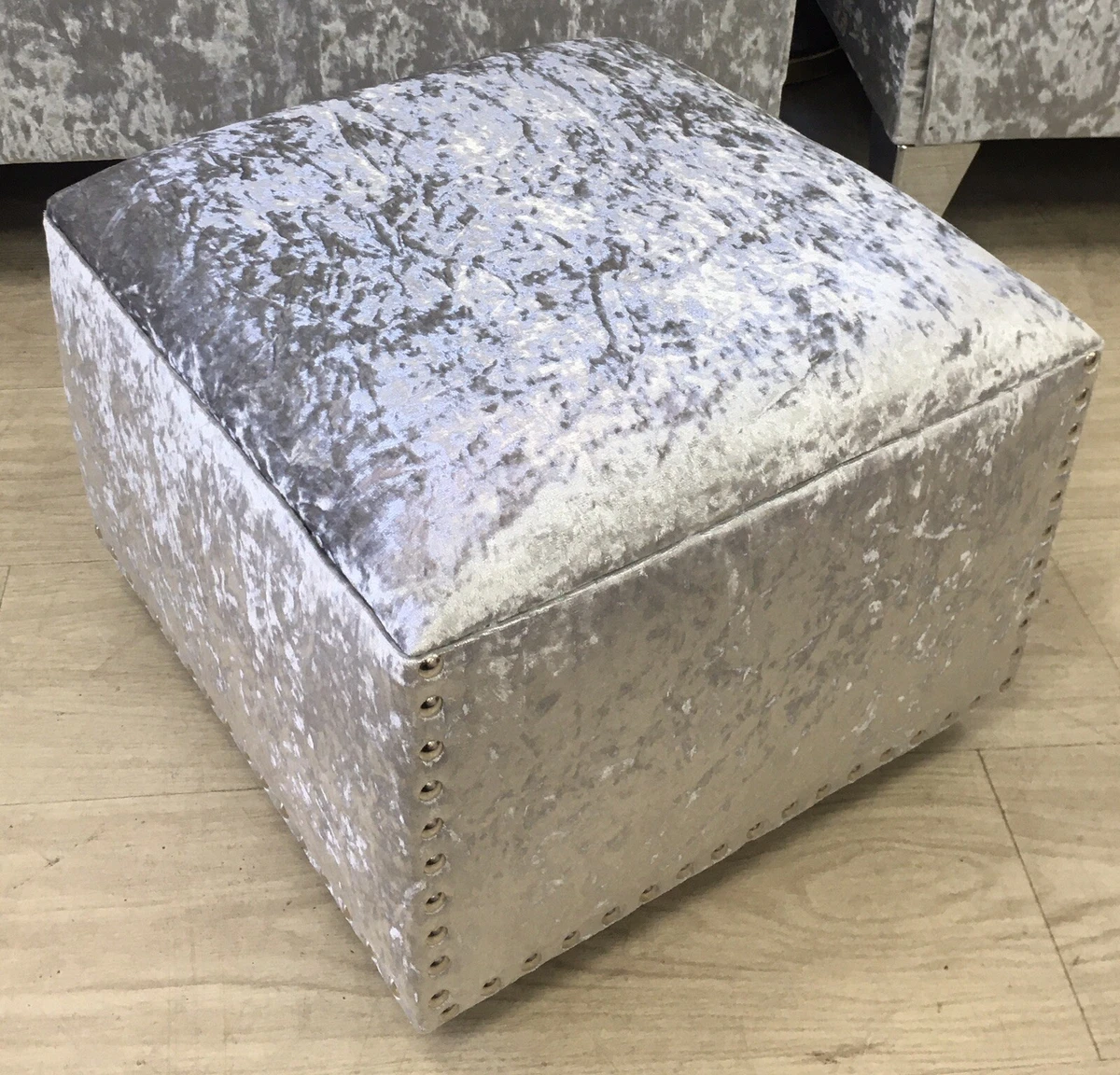 silver crushed velvet footstool pouffe chrome studs