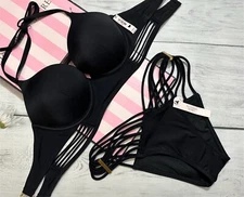 Victoria's Secret Swim Bombshell +2 cup Push-Up Longline Strappy Brazilian Black