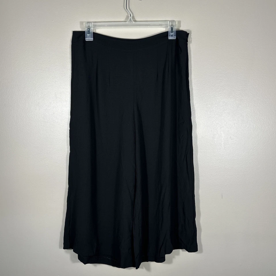 EILEEN FISHER Pant Silk Georgette Wide Leg Ankle Trouser Side Zip Black Size 6