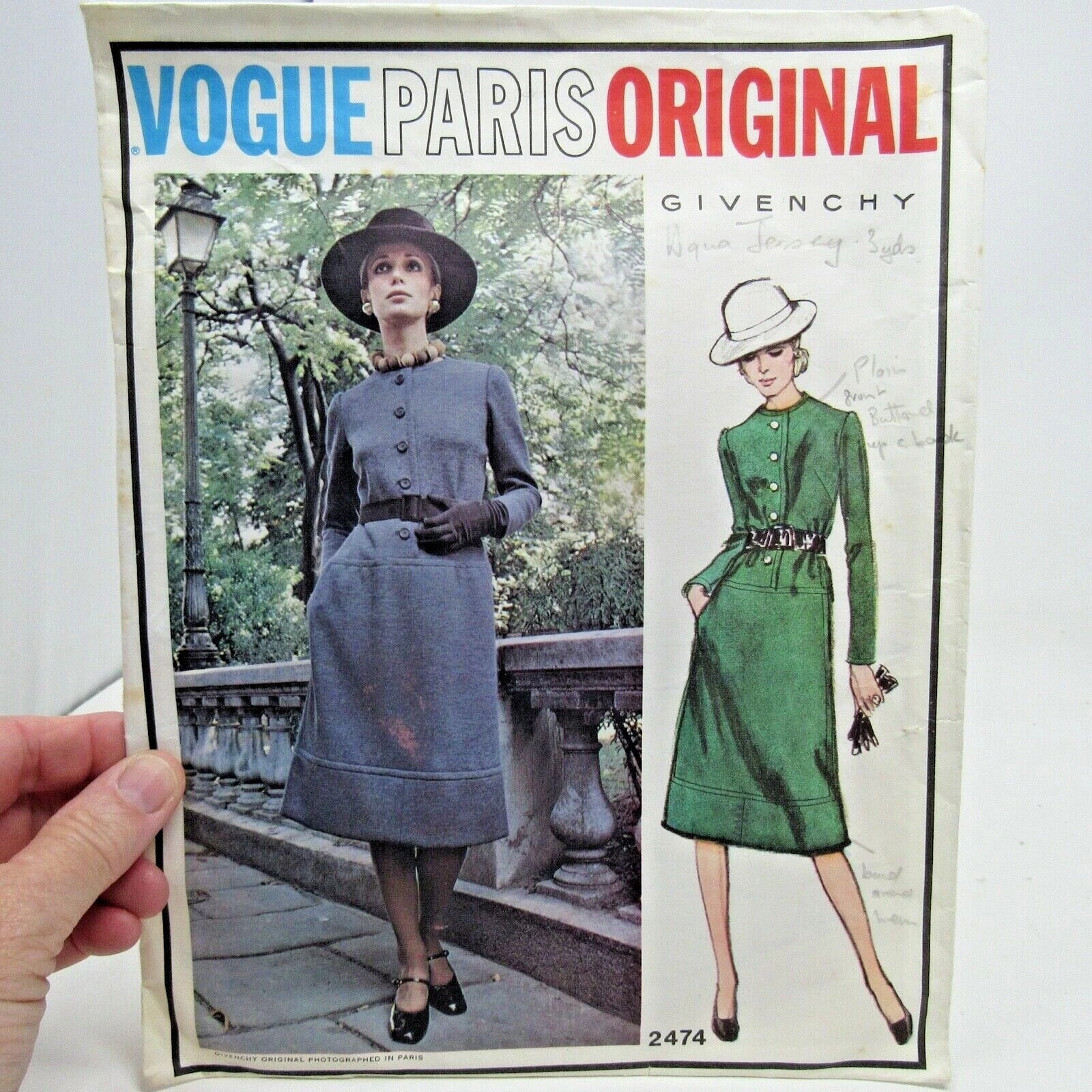 Modello vintage Vogue Paris originale # 2474 Givenchy taglia 14 busto 36 non tagliato completo