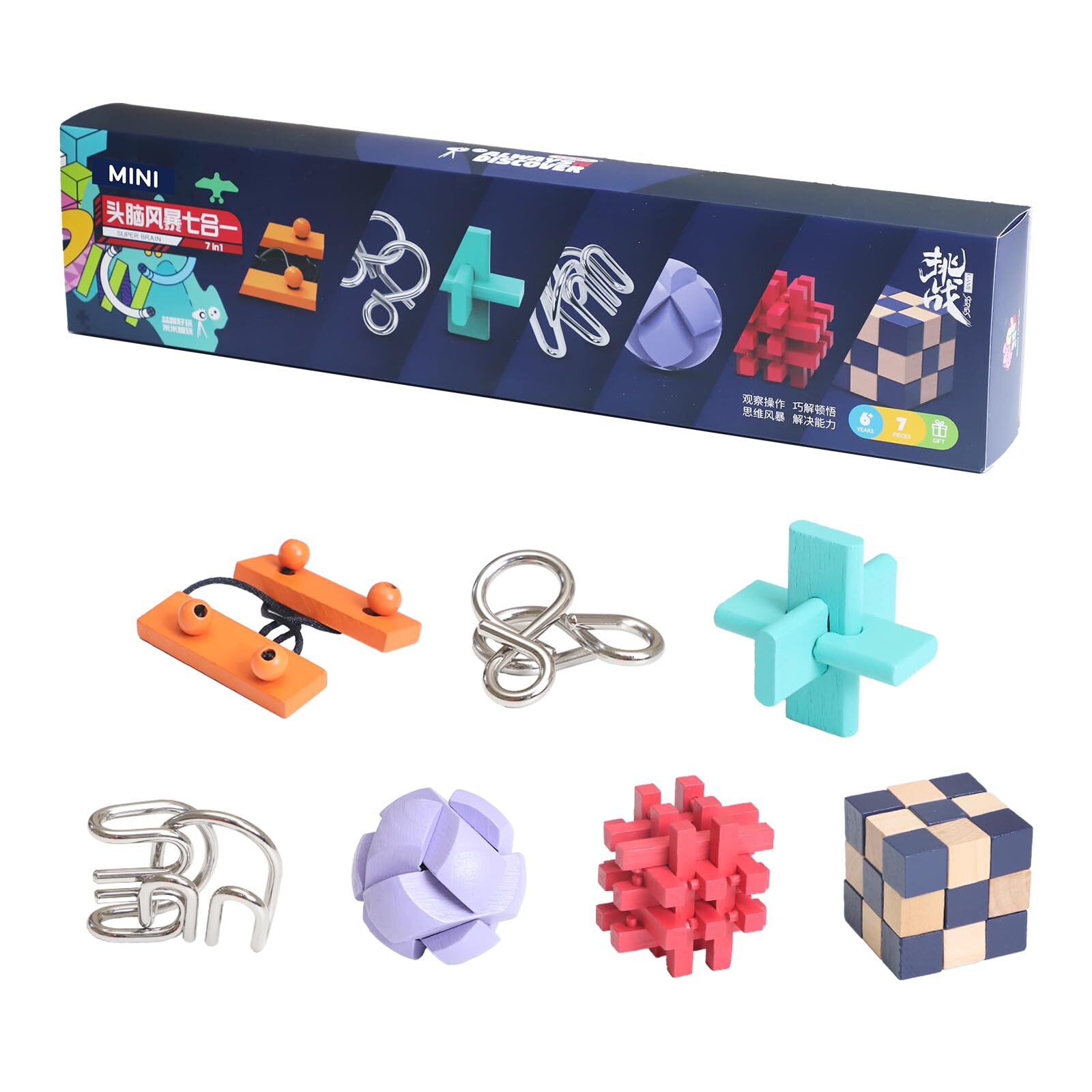 7 in 1 Brain Teaser Metal & Wooden Puzzles for Kids Adults 3D Coil Cast Wire ...