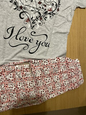 NEU grau Herzmuster Pyjama Größe 10 Damen Frauen Baumwolle Schlafanzug langes Unterteil UK