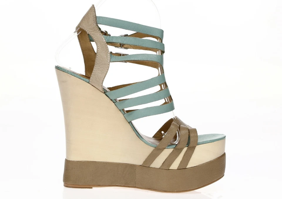 Sandalias de tacón MATIKO para mujer color topo cuero menta hebilla cuña correa al tobillo talla 38 Foto 4 de 4