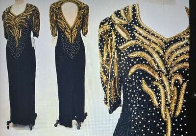 NWOT-Mark&John 100% Pure Silk Beaded Sequins Gown Slit Open Back (BlkGold) -Sz L