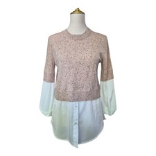 Brochu Walker Layered Look Sweater Top Wool Cashmere Blend Pink White Button Dow