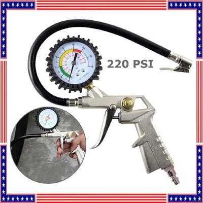 #ad Dial Tire Inflator Gauge Flexible Hose 220 PSI Pistol Style Air Chuck Pneumatic $9.99