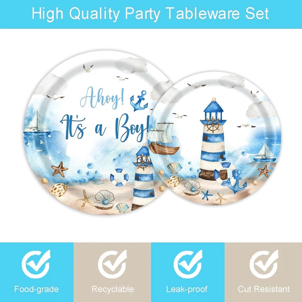 96Pcs Ahoy Nautical Boy Baby Shower Party Supplies, It'S a Boy Blue Marine Sea L Foto 3 de 4