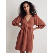 MADEWELL Marianna Puff-Sleeve Mini Dress Clay Brown {J37}