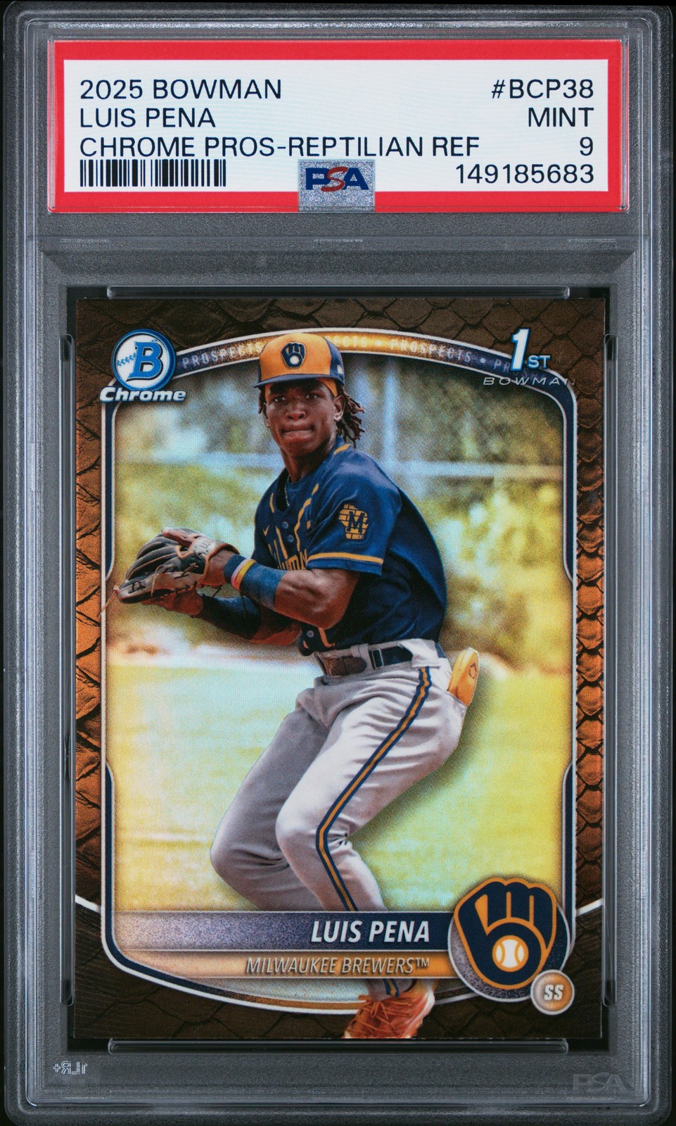2025 BOWMAN CHROME PROSPECTS REPTILIAN REFRACTOR #BCP38 LUIS PENA PSA 9