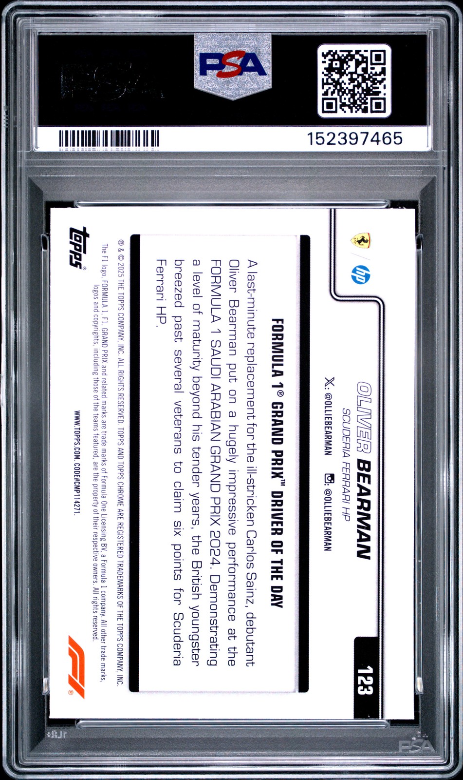 2025 TOPPS CHROME FORMULA 1 #123 OLIVER BEARMAN ROOKIE RC PSA 10 view 2