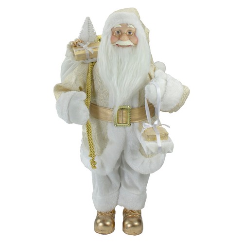 Northlight 18" Santa Christmas Figure Carrying Presents Wearing White Gold