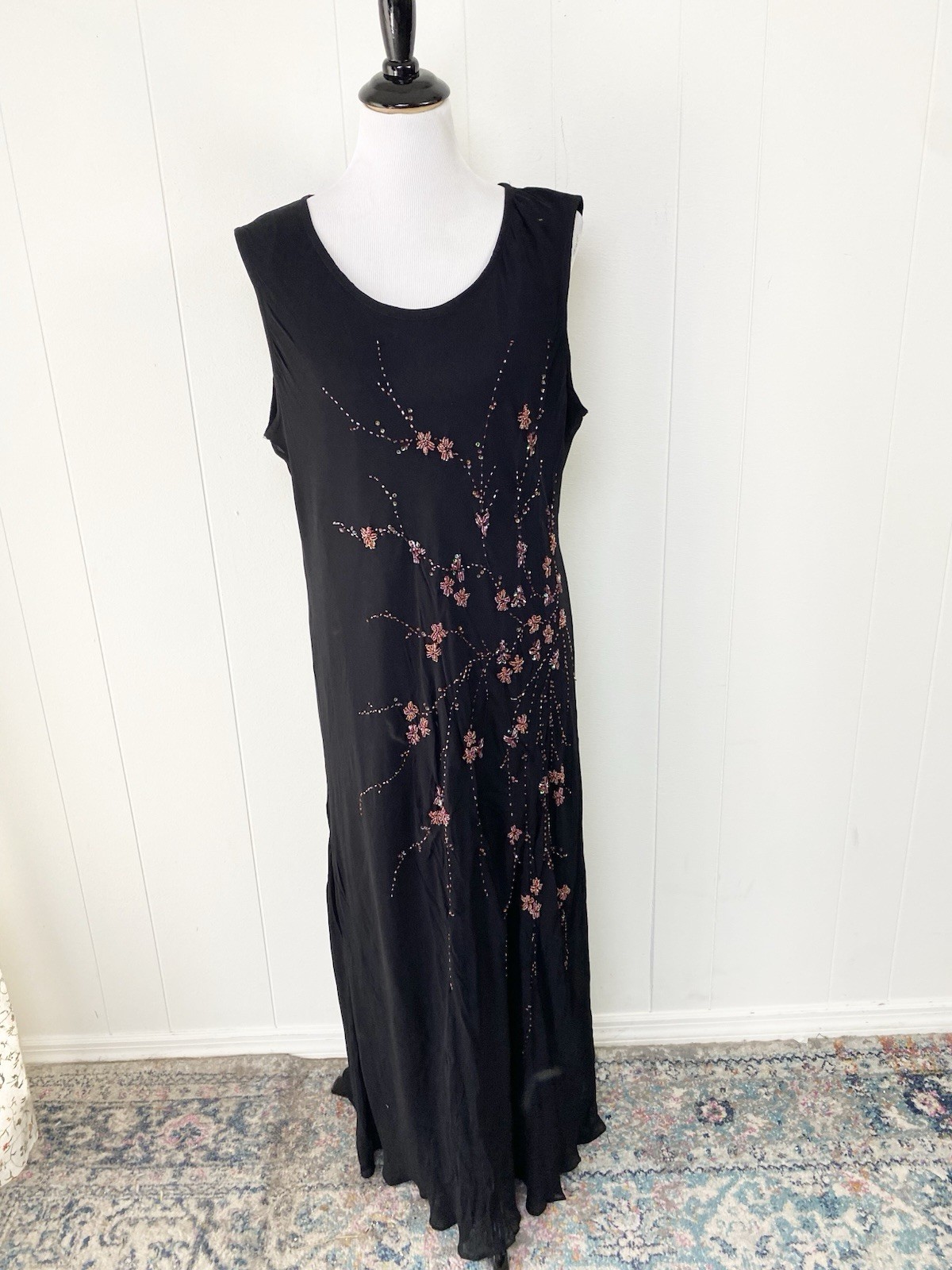 VTG Y2K Dressbarn Black Pink Midi Dress 16 Floral Beaded Whimsigoth Fairy Goth