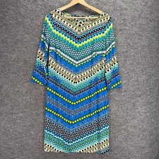 Nine West Dress Women 12 Blue Striped Shift Midi Long Sleeve Round Neck Casual