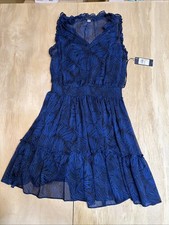 NWT Tommy Hilfiger Dress Size 12 Blue Black Palm Print Smocked Midi Ruffle