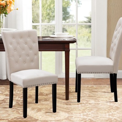 Set of 2 Upholstered Dining Chairs Highback Sold Wood Legs Rivets Side Chairs x2