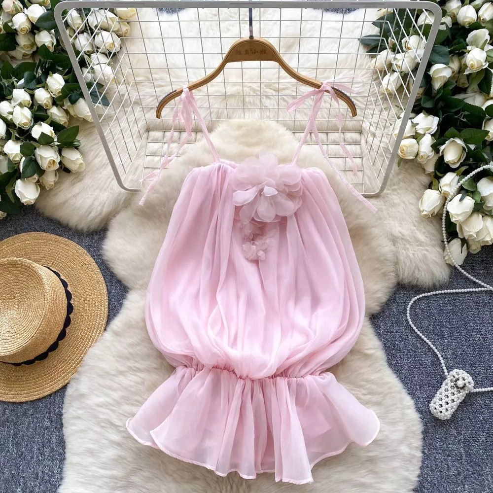 Top Rosa Cipria En Chiffón De Verano Con Flor Y Volante Romántico CF42803