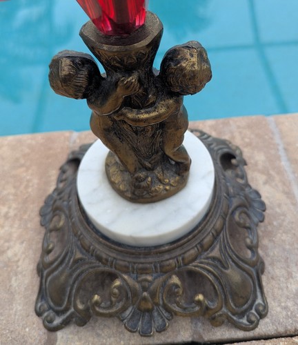 Vintage MCM Accurate Casting Co Bodenaschenbecher Rubinrot Glas Cherubs Messing Marmor - Bild 8 von 10
