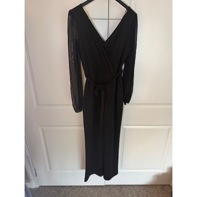 Moa Moa Black Wrap V-Neck Jumpsuit with Sheer Mesh Long Sleeves Large