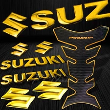 Pro Chrome Gold Fuel Grip Tank Pad+2" 4.5mm Emblem+6"Suzuki Logo&Letter Sticker