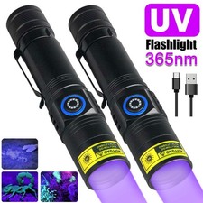 2X 365NM UV LED Flashlight USB Rechargeable Blacklight Light For Outdoor Hiking