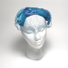 Vintage Bright Blue Velvet  Satin Fascinator Hat With Face Netting Church Derby